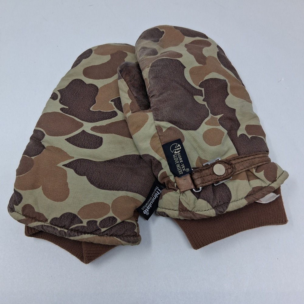 Vintage Saranac Duck Camo Gore-Tex Thinsulate Hunting Mittens Leather Palm Large